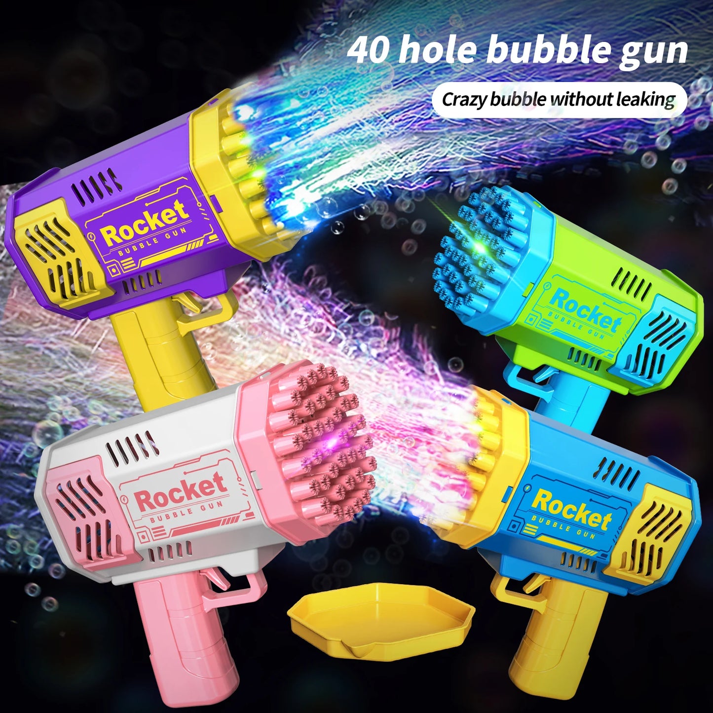 40-Hole Bubble Gun with LED Lights - Handheld Electric Rocket Launcher for Kids